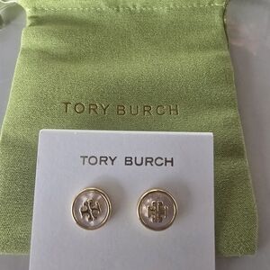 Tory Burch Gold and White Logo Stud Earrings